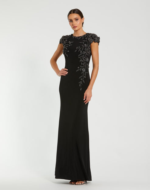 Jersey Column Gown with Beaded Floral Cap Sleeves | Mac Duggal Dress 11847