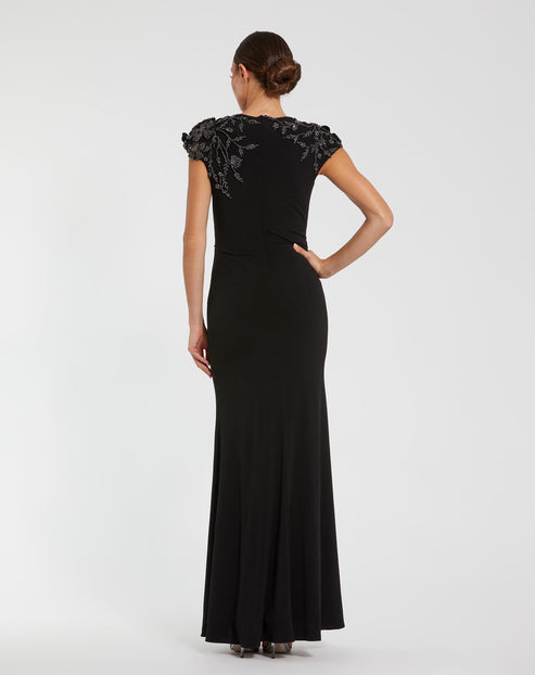 Jersey Column Gown with Beaded Floral Cap Sleeves | Mac Duggal Dress 11847