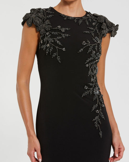 Jersey Column Gown with Beaded Floral Cap Sleeves | Mac Duggal Dress 11847