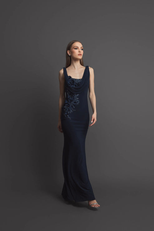 Beaded Cowl Neck Jersey Gown | Mac Duggal Dress 11910