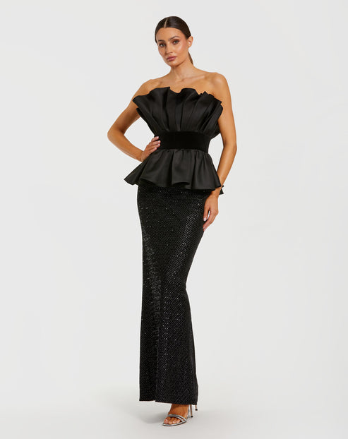 Strapless Sequin Satin Peplum Gown | Mac Duggal Dress 21174