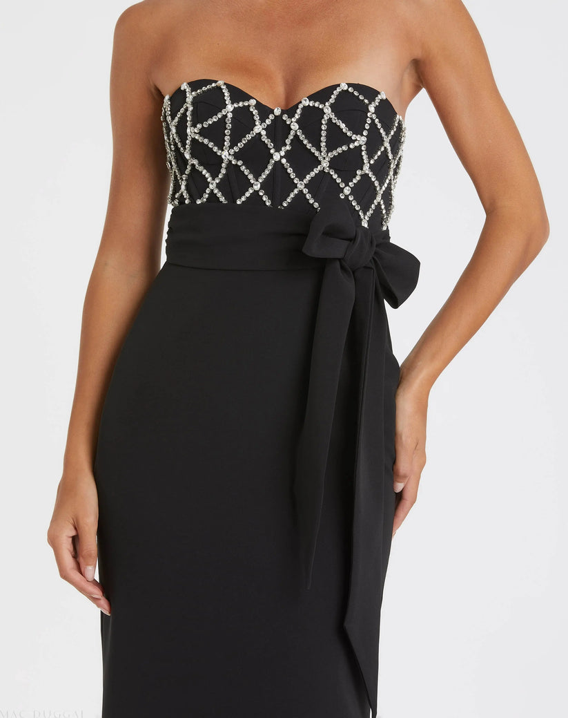 Black Strapless Embellished Crepe Gown With Bow | Mac Duggal Dress2294