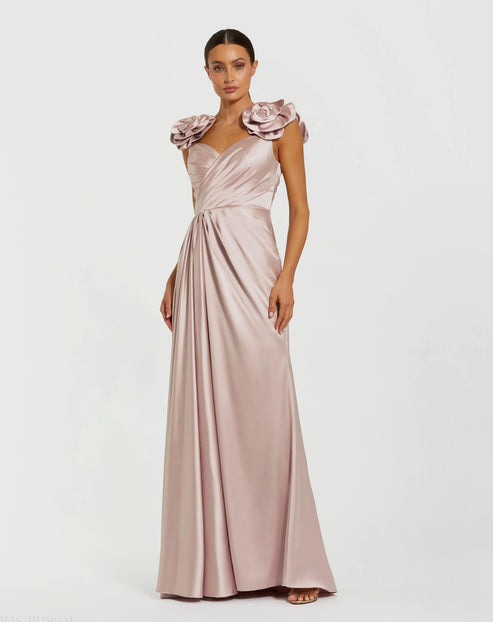 Satin Faux Wrap Gown with Floral Straps | Mac Duggal Dress 2299