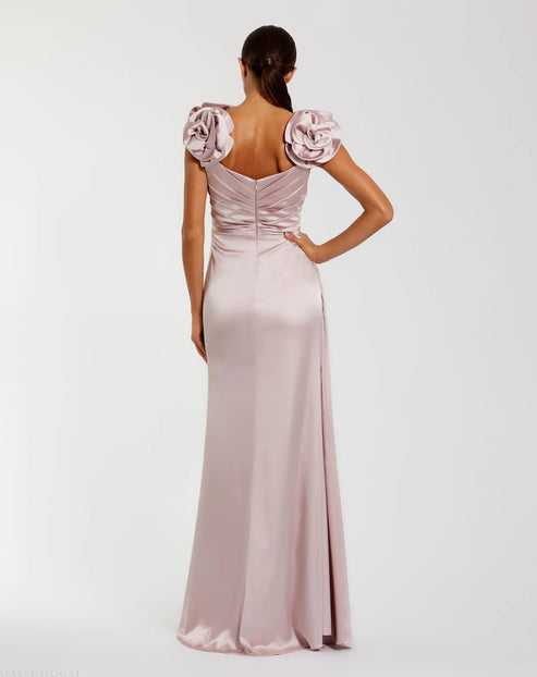Satin Faux Wrap Gown with Floral Straps | Mac Duggal Dress 2299