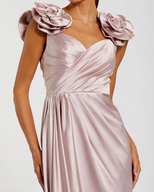 Satin Faux Wrap Gown with Floral Straps | Mac Duggal Dress 2299