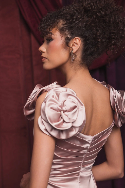 Satin Faux Wrap Gown with Floral Straps | Mac Duggal Dress 2299