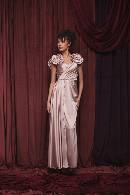 Satin Faux Wrap Gown with Floral Straps | Mac Duggal Dress 2299