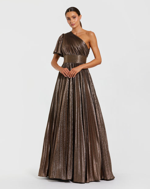 One-Shoulder Metallic Pleated Ball Gown | Mac Duggal Dress 27625