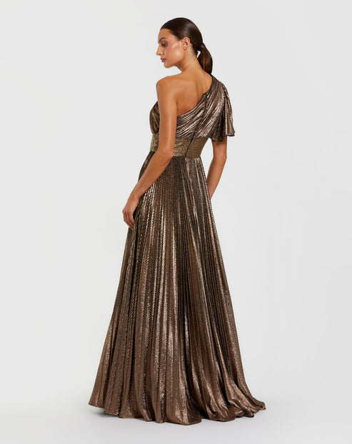 One-Shoulder Metallic Pleated Ball Gown | Mac Duggal Dress 27625