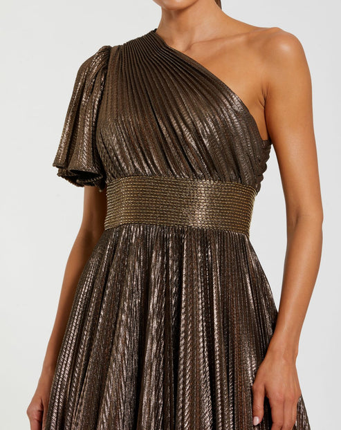 One-Shoulder Metallic Pleated Ball Gown | Mac Duggal Dress 27625
