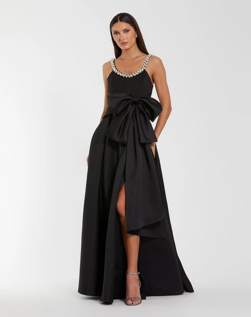 Satin Gown with Pearl-Embellished Neckline and Bow Accent | Mac Duggal Dress 27743