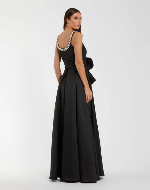Satin Gown with Pearl-Embellished Neckline and Bow Accent | Mac Duggal Dress 27743