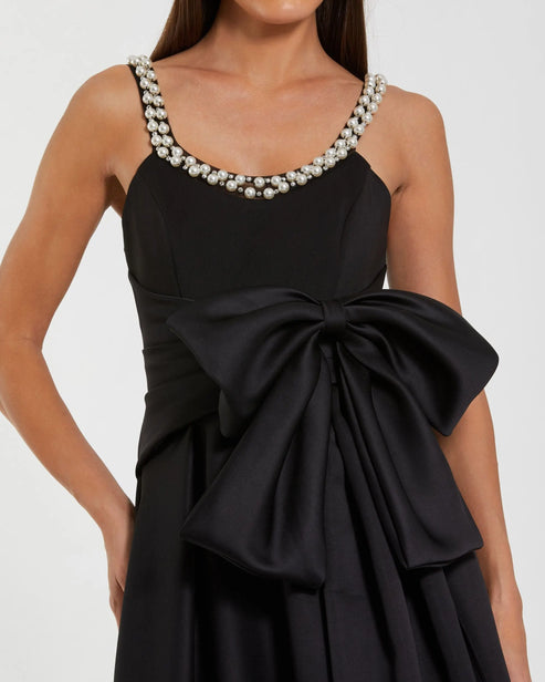Satin Gown with Pearl-Embellished Neckline and Bow Accent | Mac Duggal Dress 27743