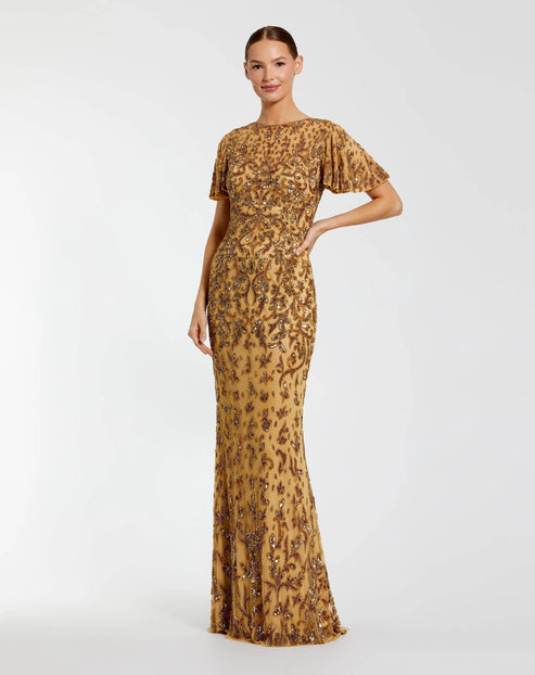 High Neck Gown with Flutter Sleeves | Mac Duggal Dress 5491