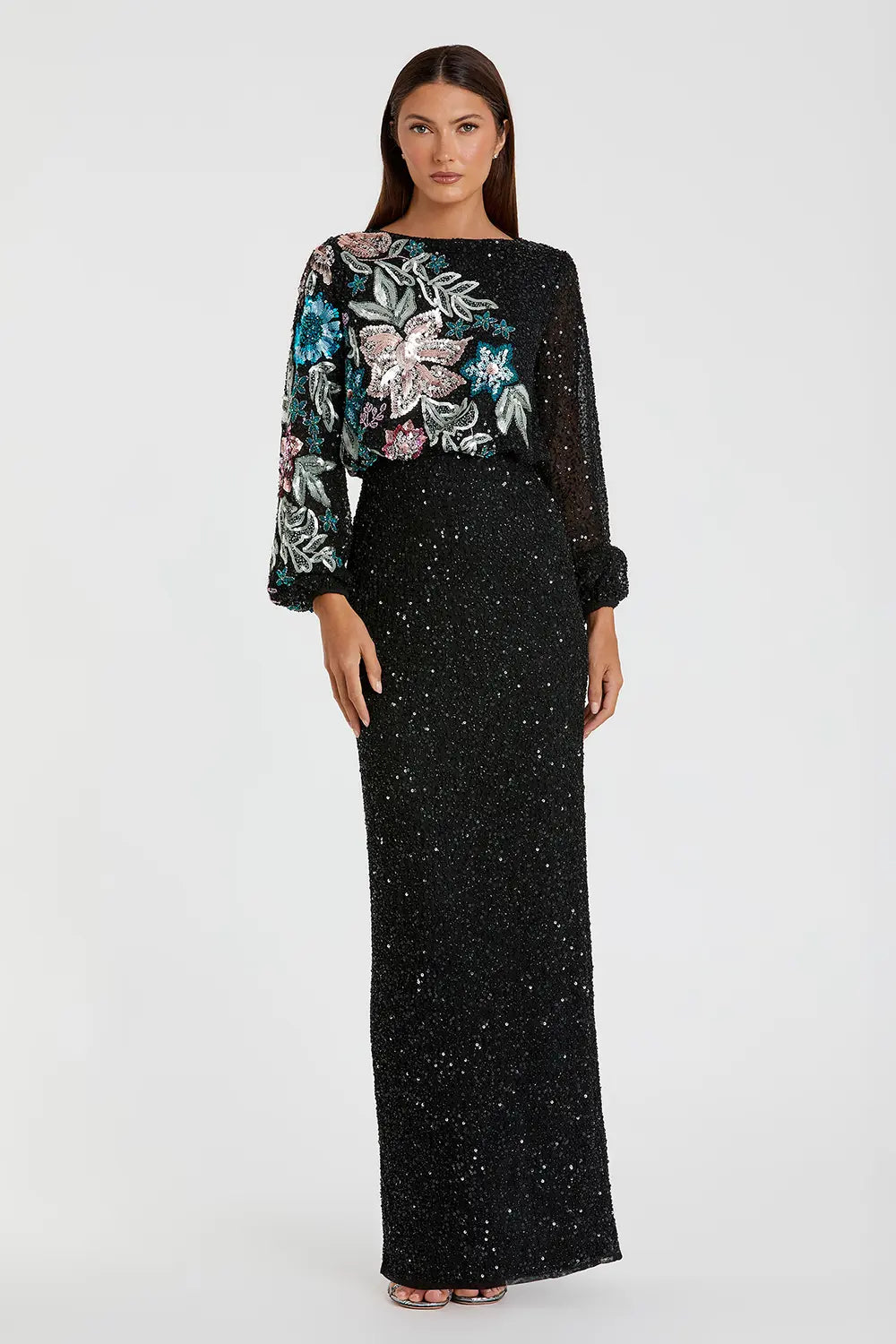 sachin and babi light blue dress Mac Duggal Dress 5615 – Sequin Floral Long Sleeve Evening Gown