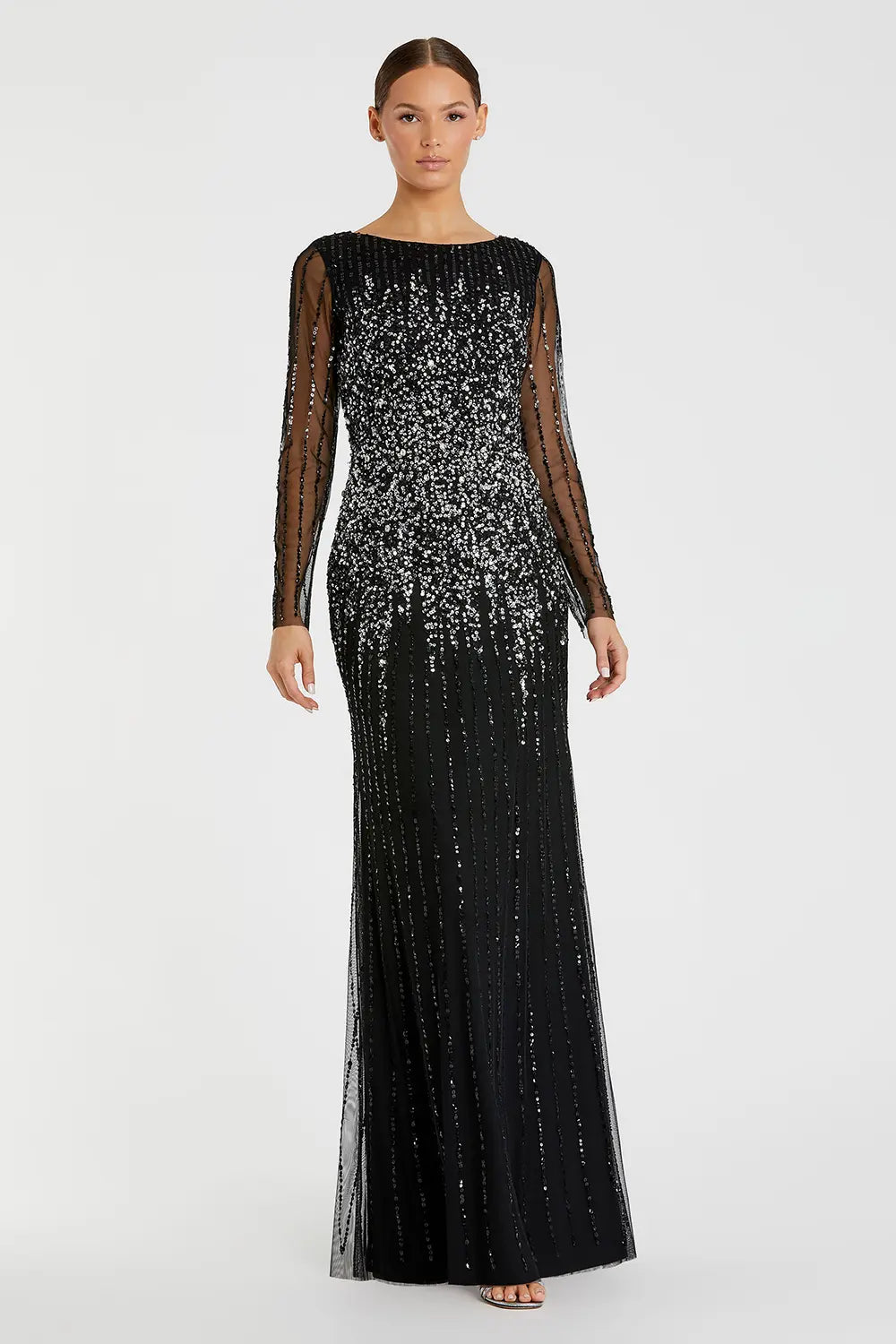 mac duggal long sleeve formal dresses Long Sleeve Floral Embellished A-Line Gown main image 1