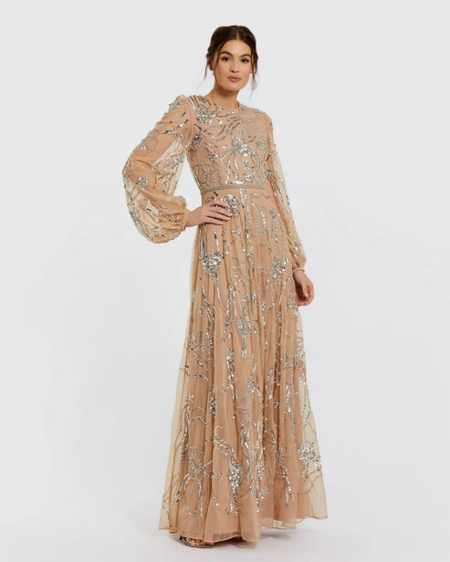 High Neck Embellished Puff Sleeve Gown | Mac Duggal Dress 94072