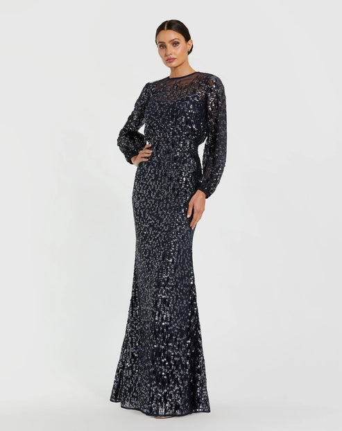 Sequin Blouson Gown with Long Sleeves | Mac Duggal Dress 94127