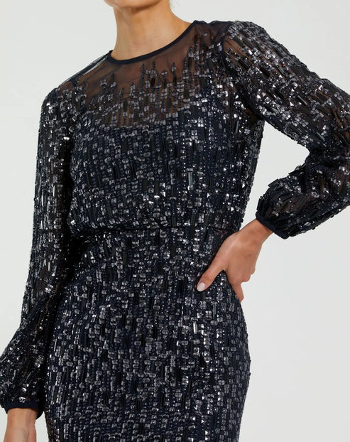 Sequin Blouson Gown with Long Sleeves | Mac Duggal Dress 94127