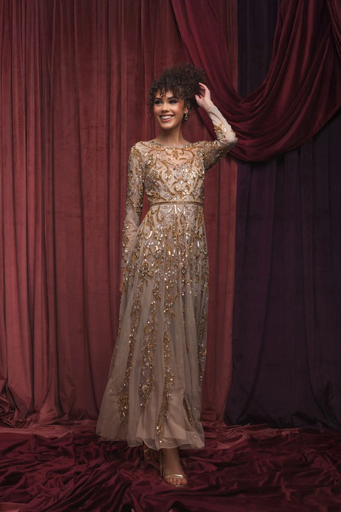 Hand Beaded Long Sleeve Gown | Mac Duggal Dress 94213