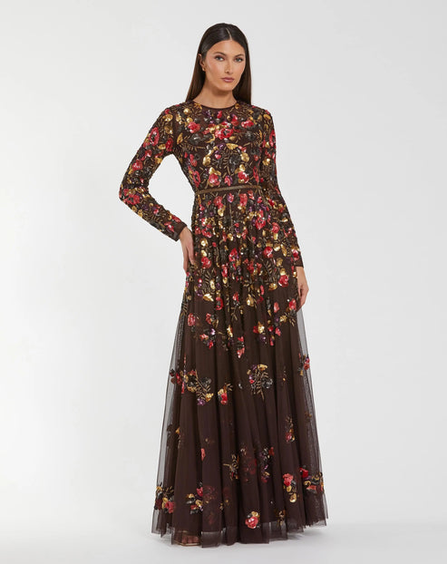 Long Sleeve Floral Embellished Gown | Mac Duggal Dress 94275