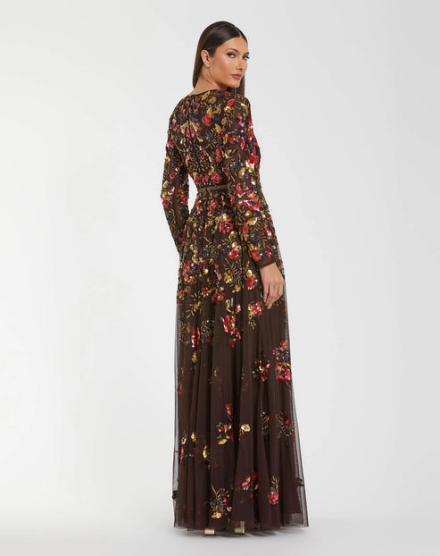 Long Sleeve Floral Embellished Gown | Mac Duggal Dress 94275