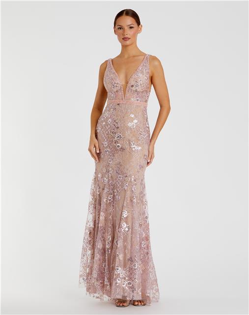 Sleeveless Plunge Neck Evening Gown with Beaded Detail | Mac Duggal Dress 67481