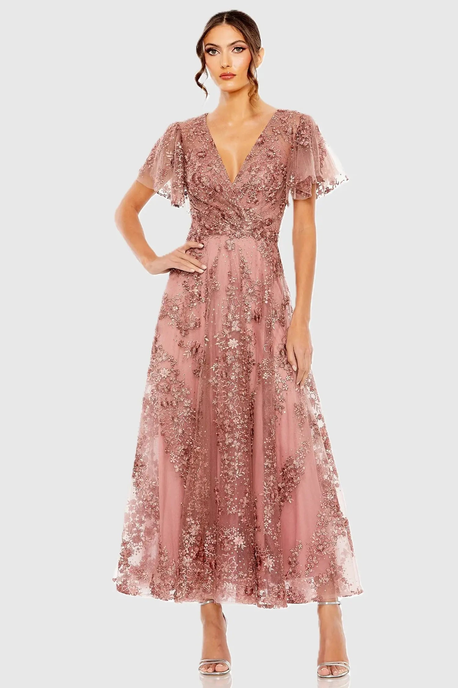 Mac Duggal Style 20486 Pink Embroidered Flutter Sleeve A Line Dress