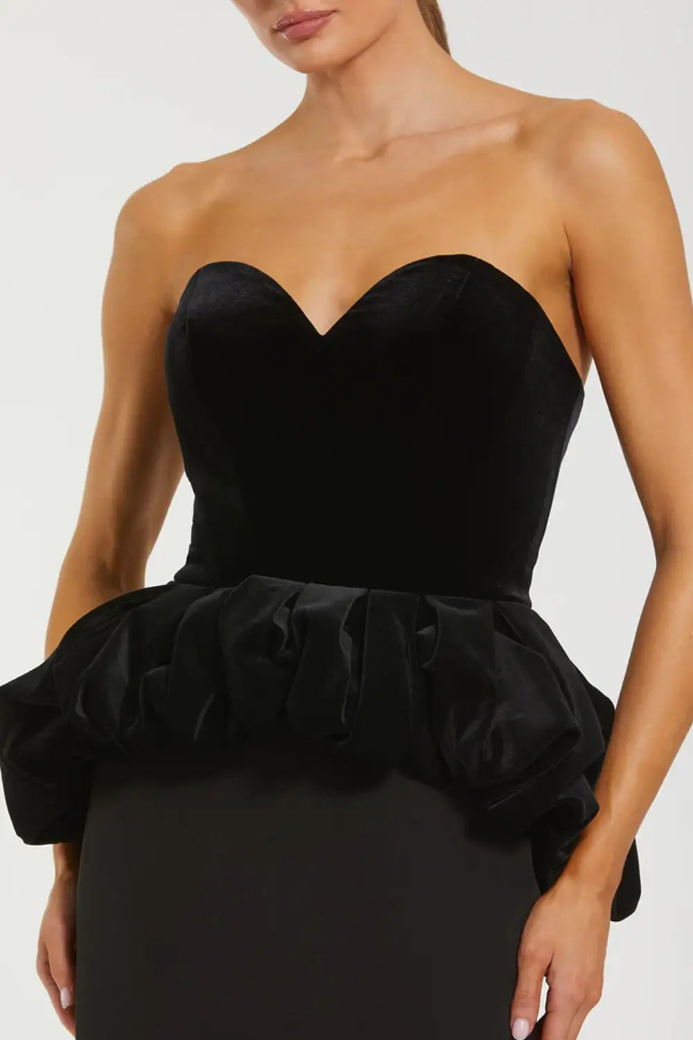 Strapless Black Velvet Peplum Gown | Mac Duggal Dress 21145