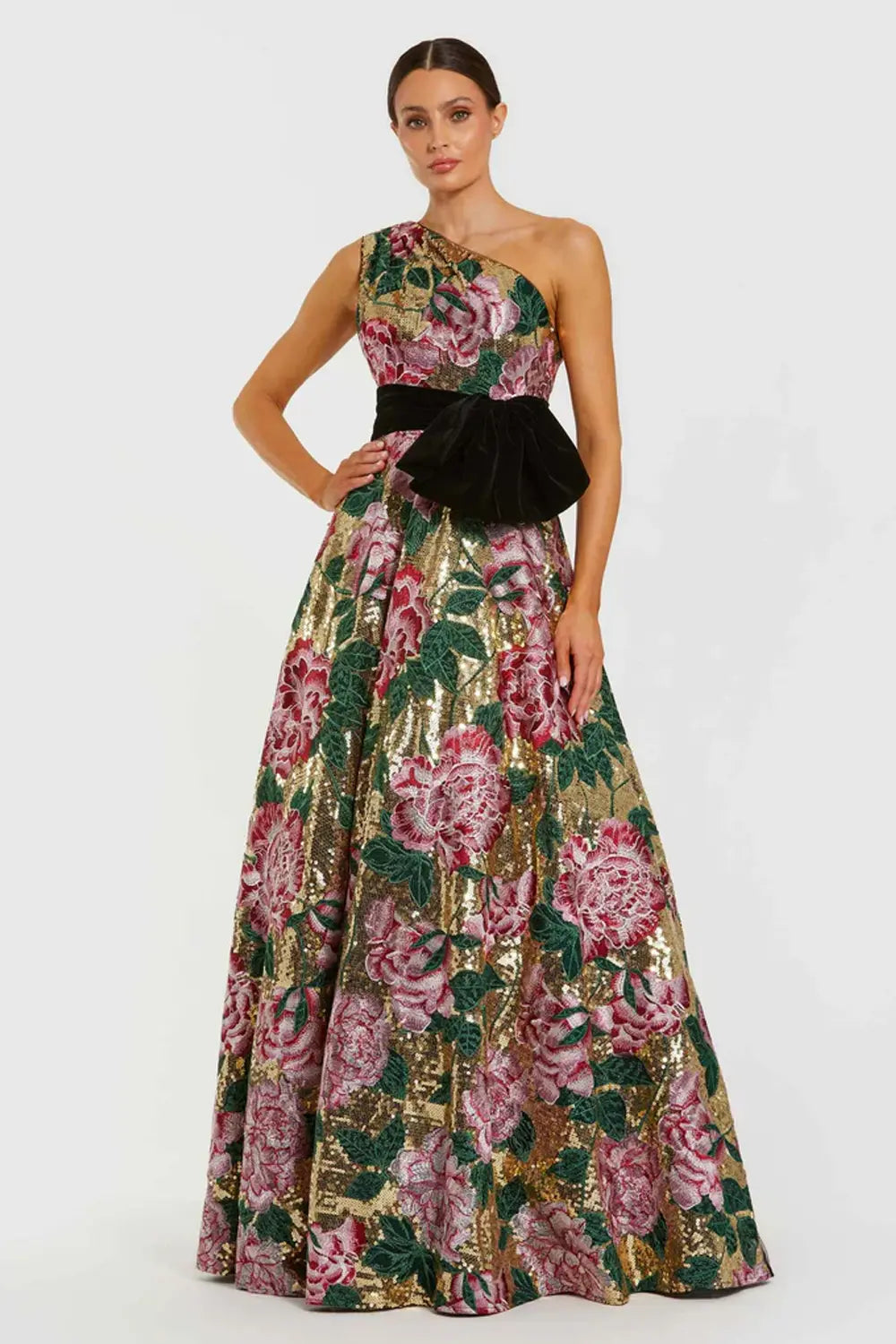 One-Shoulder Sequin Ball Gown with Velvet Bow | Mac Duggal Dress 21194