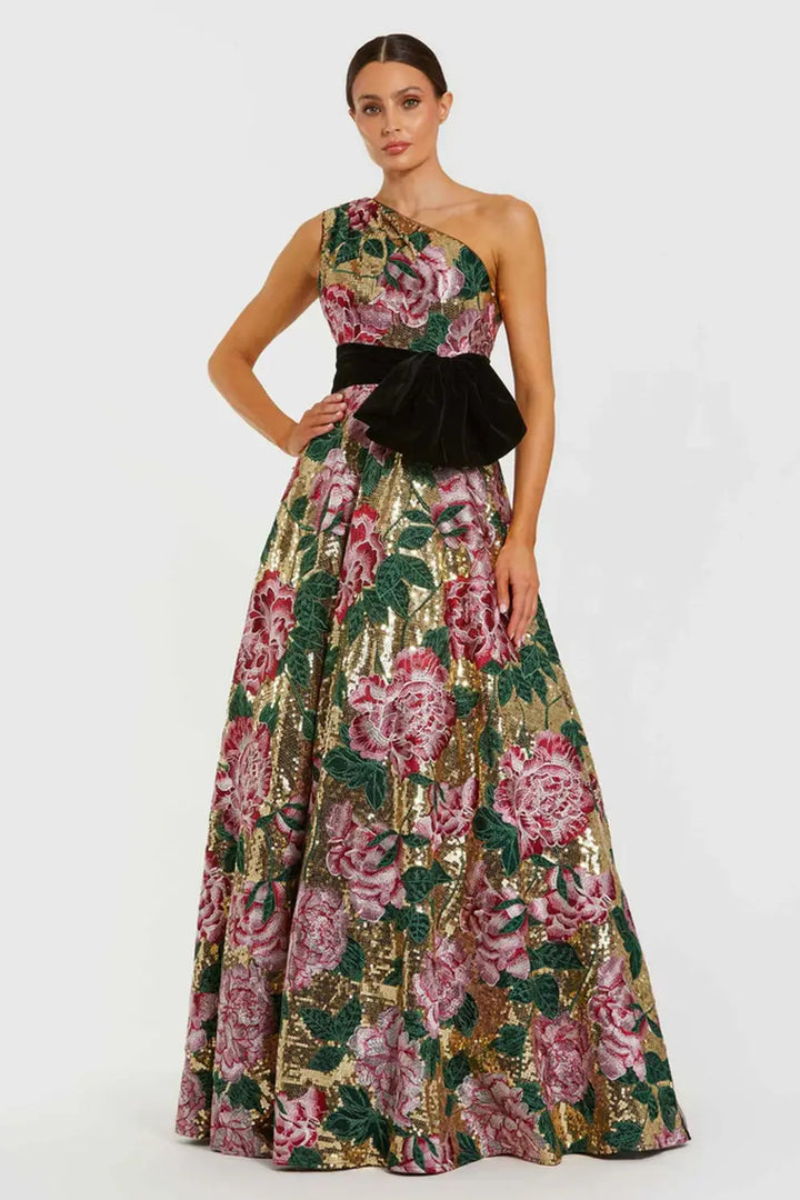 One-Shoulder Sequin Ball Gown with Velvet Bow | Mac Duggal Dress 21194