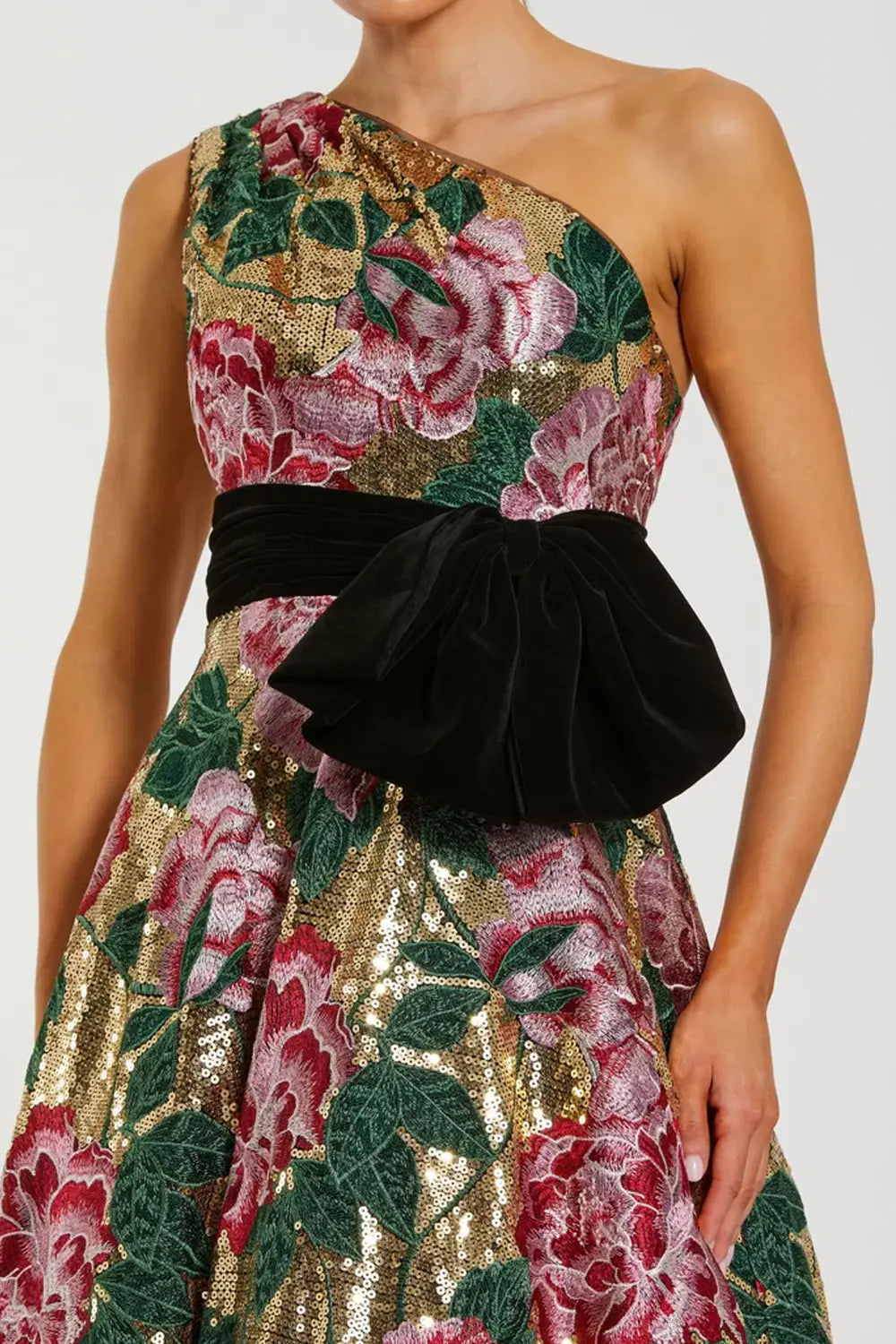One-Shoulder Sequin Ball Gown with Velvet Bow | Mac Duggal Dress 21194