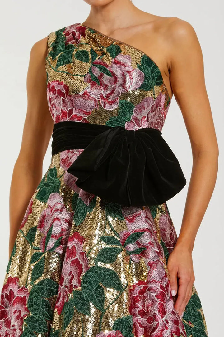 One-Shoulder Sequin Ball Gown with Velvet Bow | Mac Duggal Dress 21194