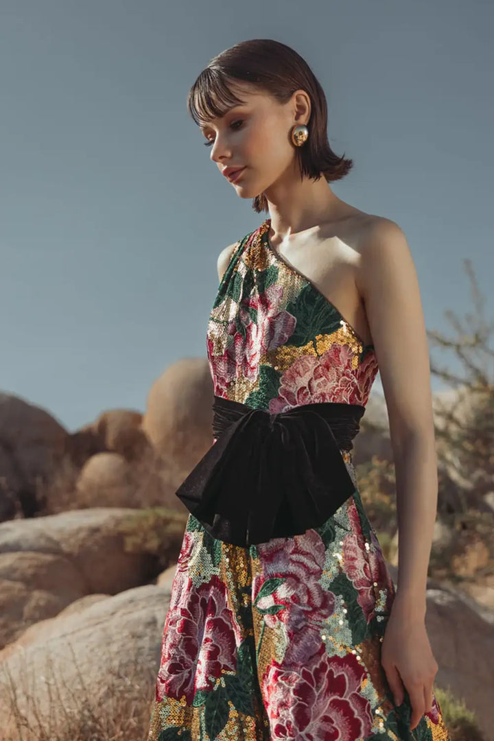 One-Shoulder Sequin Ball Gown with Velvet Bow | Mac Duggal Dress 21194