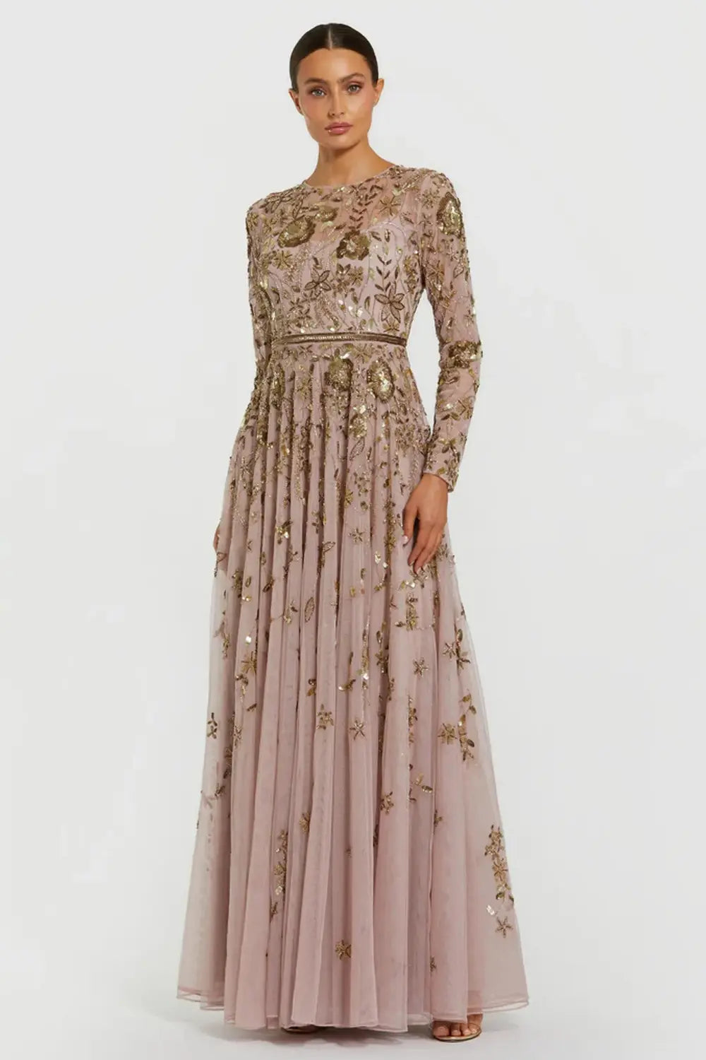 Hand-Embellished Floral Long Sleeve A-Line Gown Mac Duggal Dress 6182