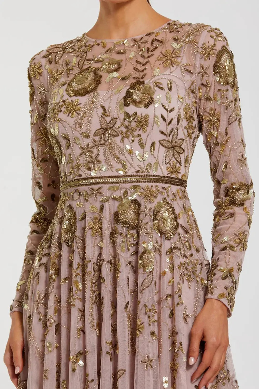 Hand-Embellished Floral Long Sleeve A-Line Gown Mac Duggal Dress 6182