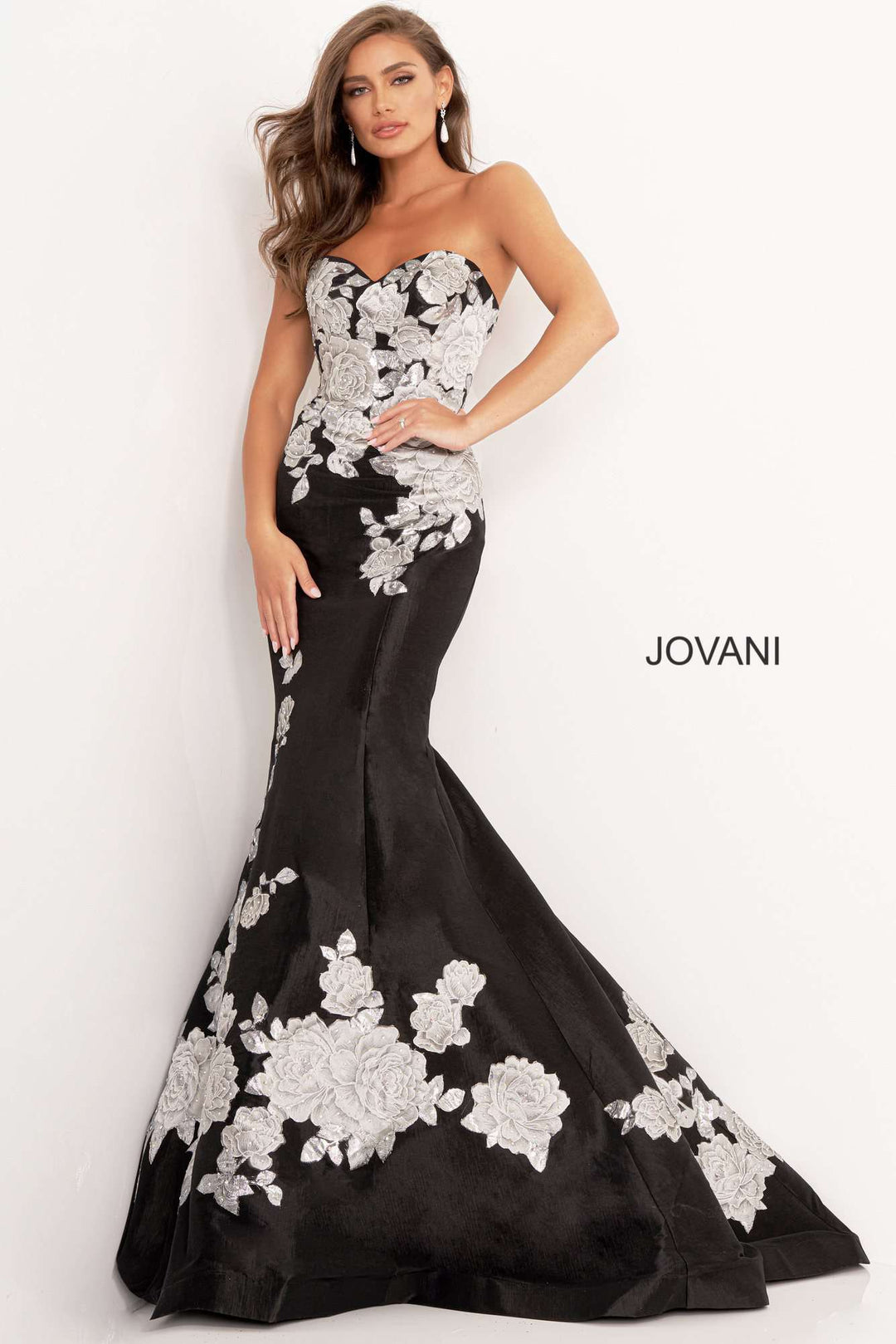 Black Silver Floral Mermaid Evening Dress Jovani 3917 - Morvarieds Fashion