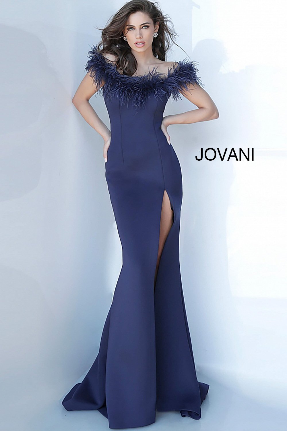 Off the Shoulder Feather Neckline Evening Gown Jovani 2944 - Morvarieds Fashion
