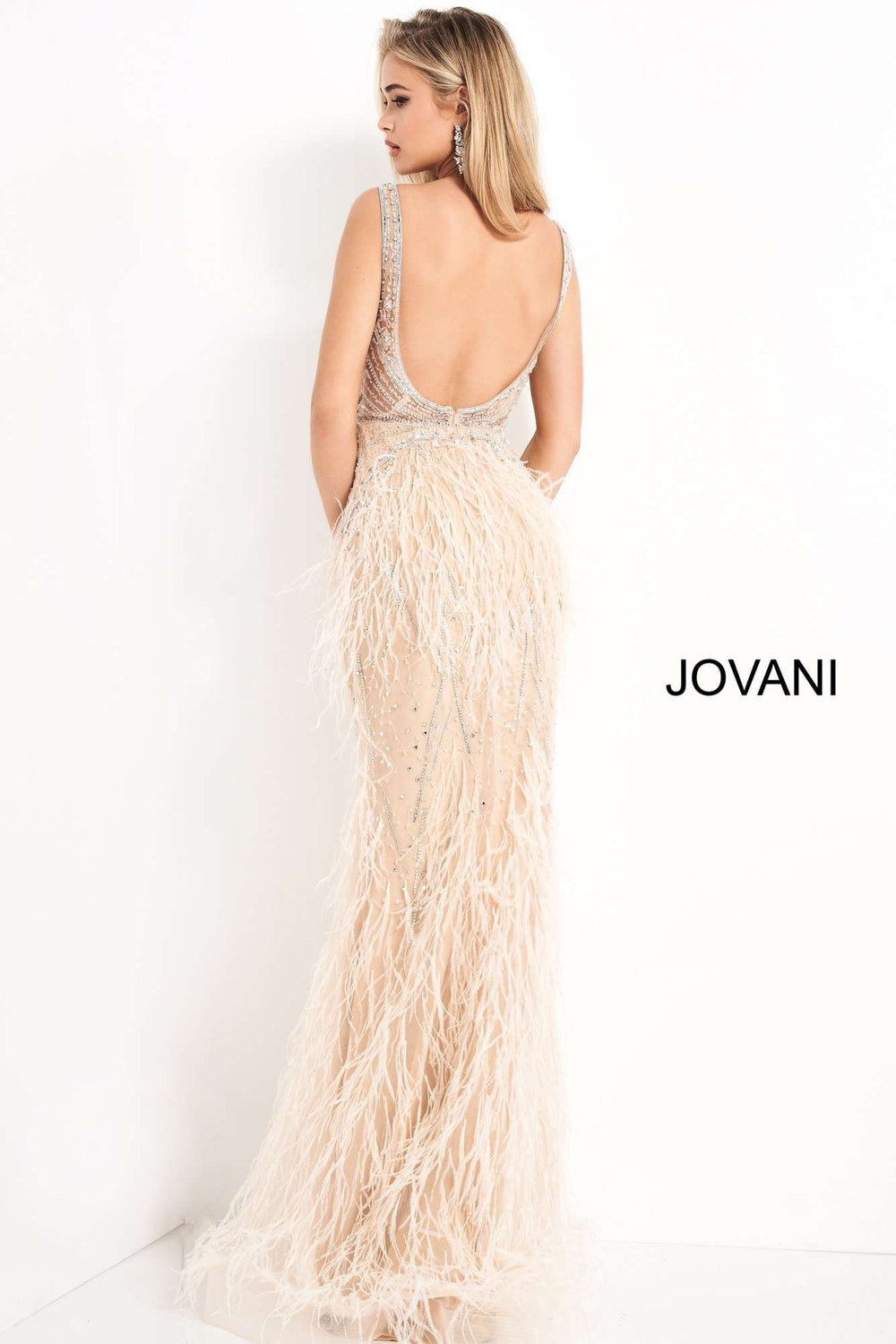 Sheer Embellished Bodice Feather Prom Dress Jovani 03023 - Morvarieds Fashion