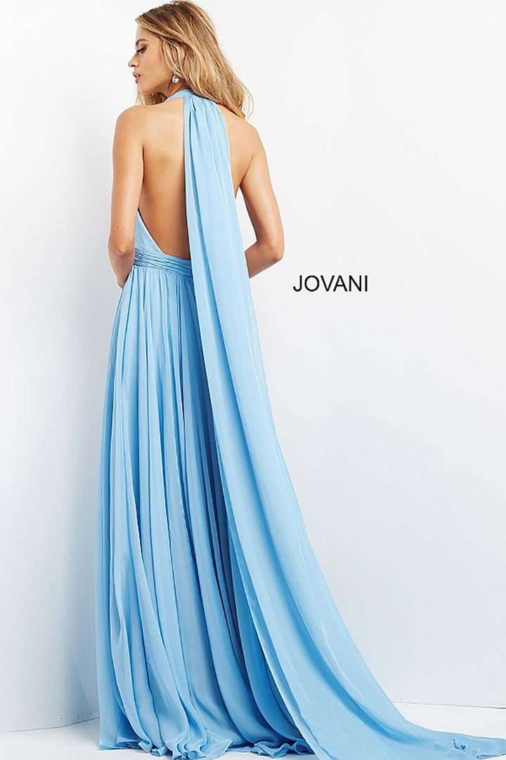 Light Blue Halter V Neck Chiffon Prom Dress Jovani 08682 - Morvarieds Fashion