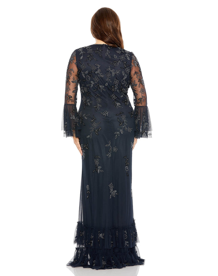 V Neck Embellished Flutter Tiered Long Sleeve Gown | Mac Duggal 9239 - Morvarieds Fashion