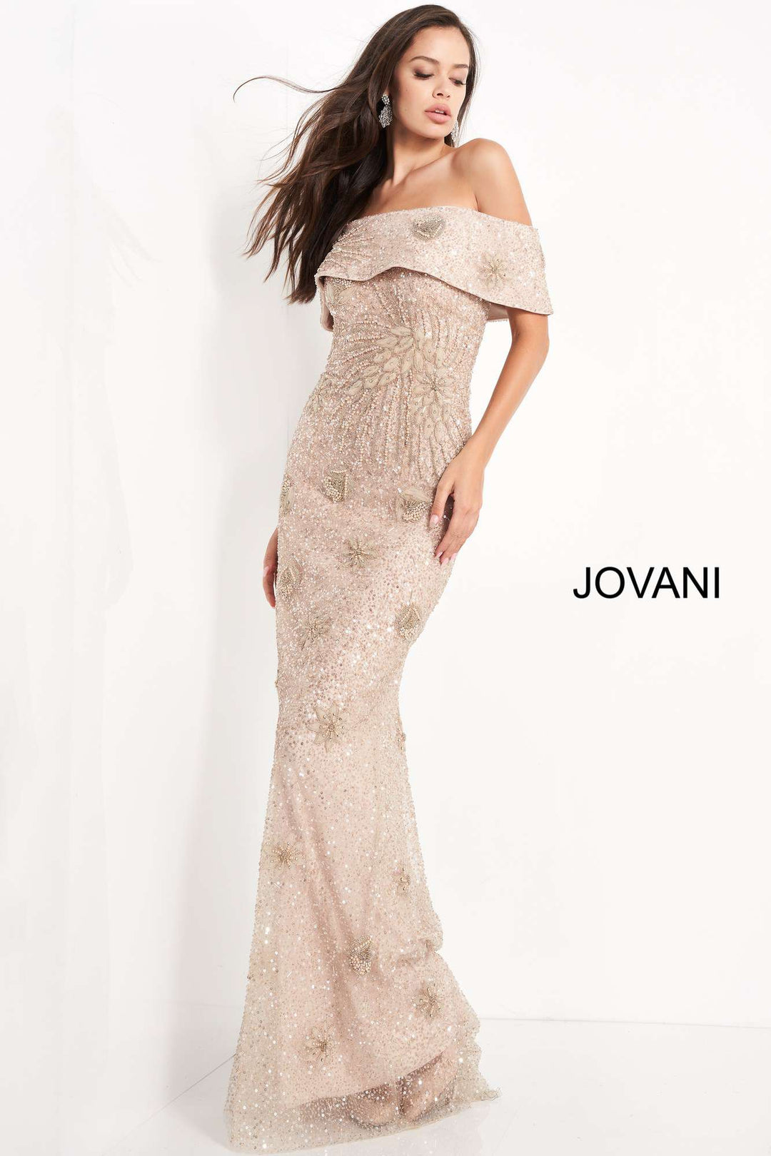 Champagne Off the Shoulder Beaded Evening Dress Jovani 03412 - Morvarieds Fashion