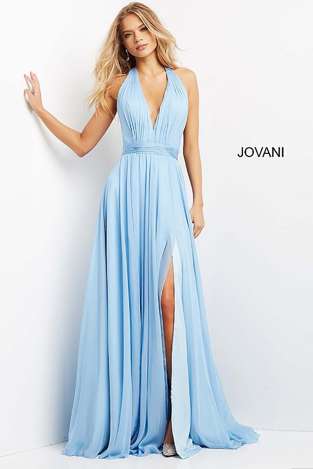 Light Blue Halter V Neck Chiffon Prom Dress Jovani 08682 - Morvarieds Fashion