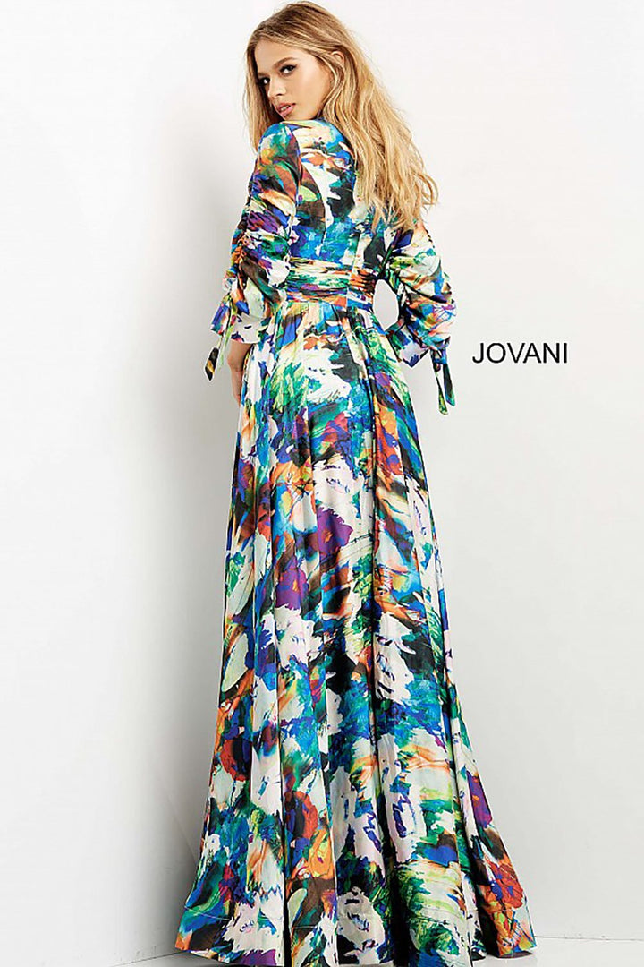 Print V Neck Three Quarter Sleeve Prom Gown Jovani 08584 - Morvarieds Fashion