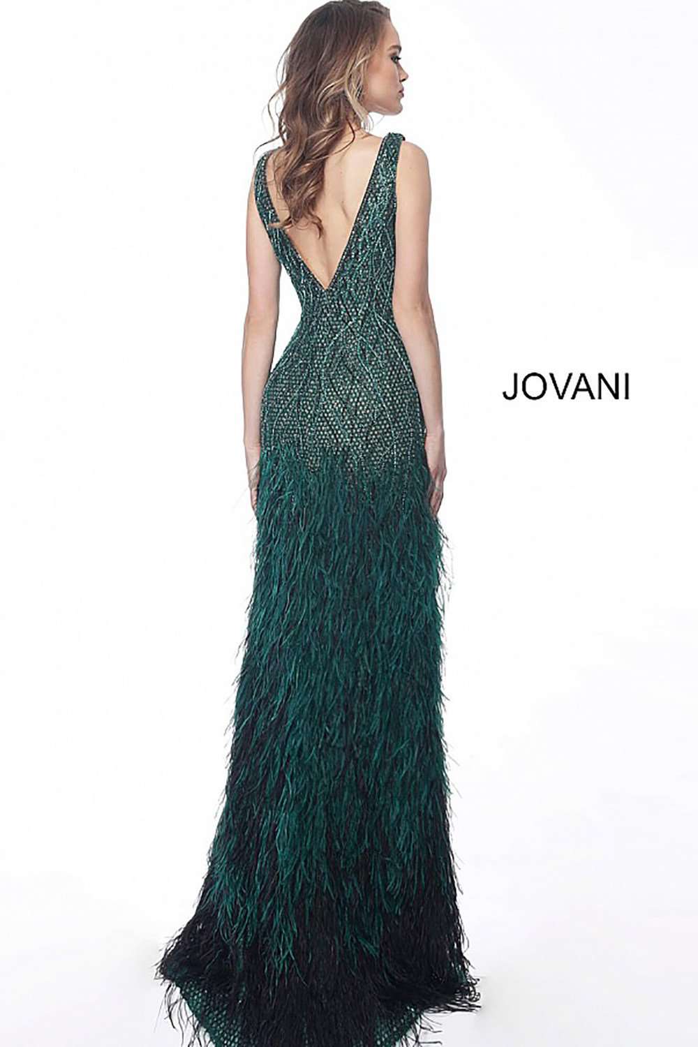 Emerald Feather Bottom Embellished Evening Dress Jovani 66003 - Morvarieds Fashion