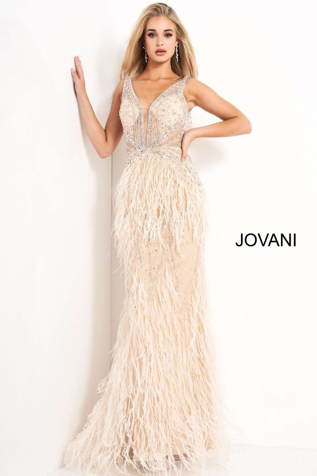 Sheer Embellished Bodice Feather Prom Dress Jovani 03023 - Morvarieds Fashion
