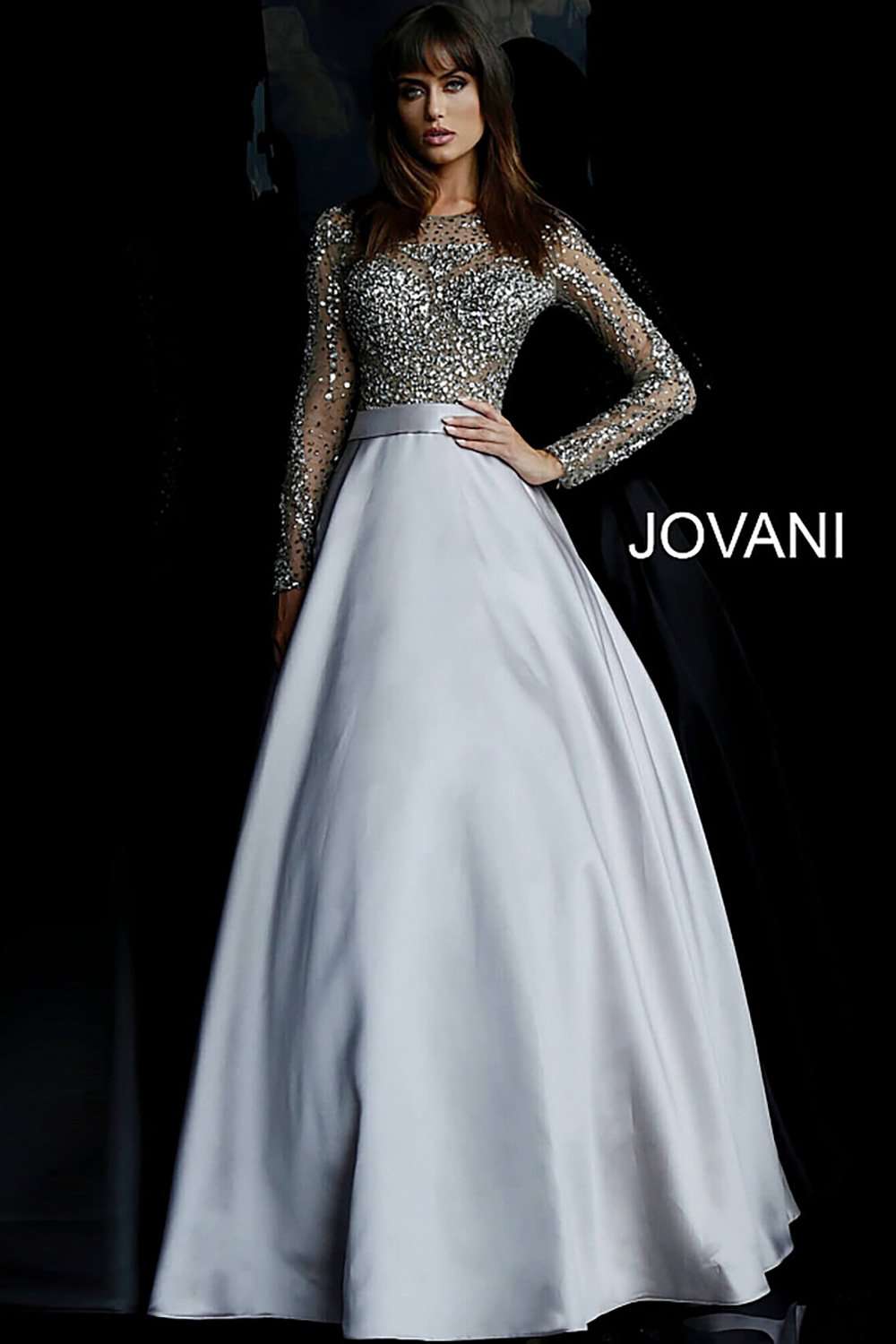 Beaded Bodice Long Sleeve Evening Ballgown Jovani 46066 - Morvarieds Fashion