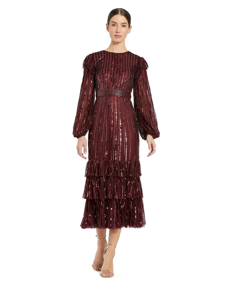 Long Sleeve Ruffle Detail Sequin Dress | Mac Duggal 23003 - Morvarieds Fashion