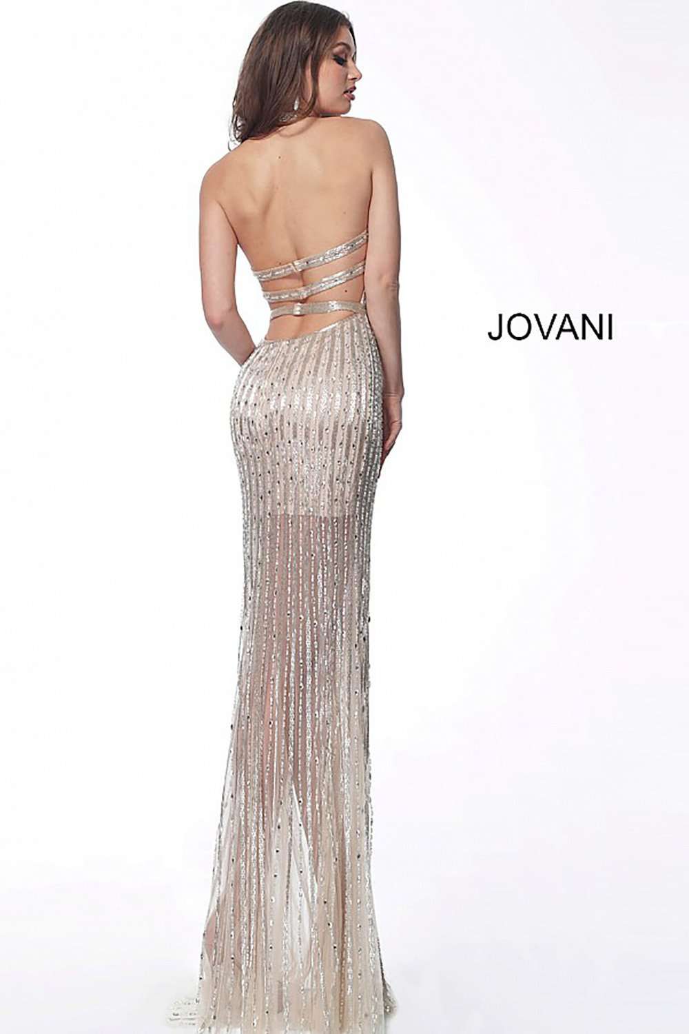 White Nude Beaded Plunging Neckline Evening Dress Jovani 62998 - Morvarieds Fashion