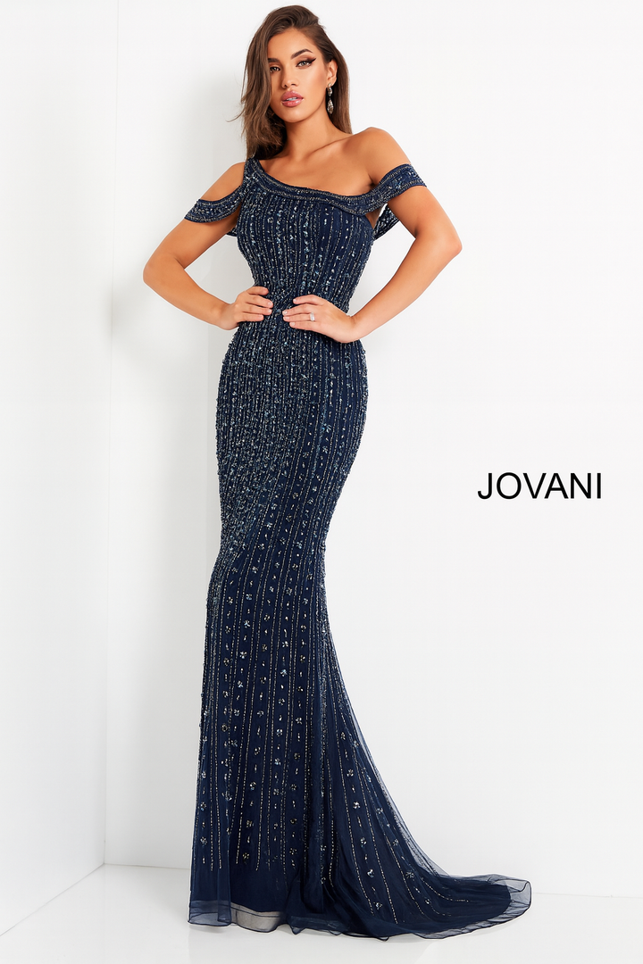 Beaded One Shoulder Evening Dress Jovani 03124